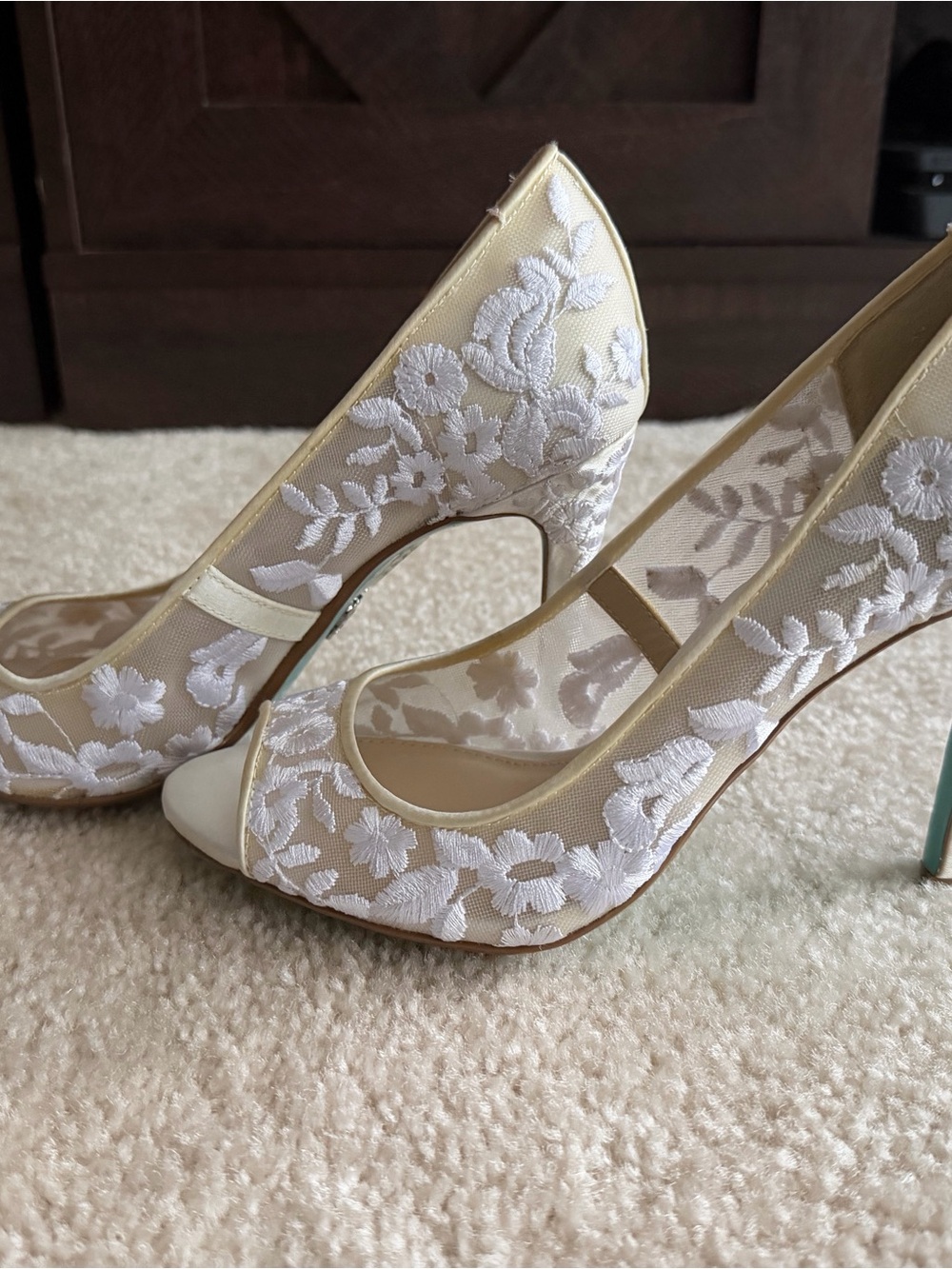Betsey Johnson White Floral Lace Peep-Toe Wedding Heels